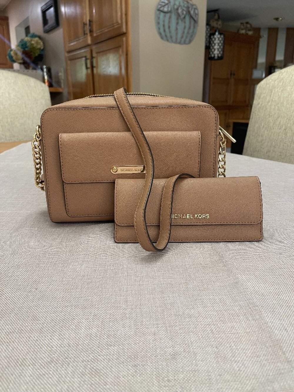 Michael Kors Saffiano Leather Crossbody & Wallet Set – Camel Gold Hardware